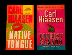 2 Carl Hiaasen novels-Tourist Season/Native Tongue-paperbacks-free shipping