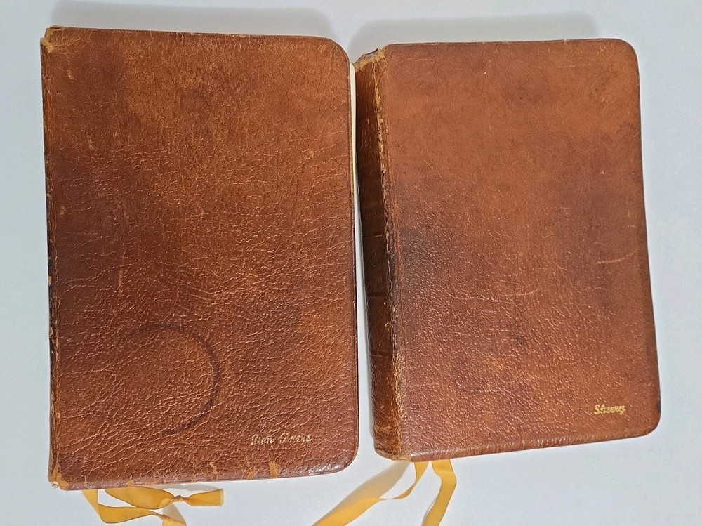 Lot of 2 VTG Bibles Water Buffalo Leather Authentic KJV Thumb Indexed Red Letter