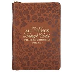 Brown Vegan Leather Zipped Journal, Inspirational Women’s Notebook Floral All
